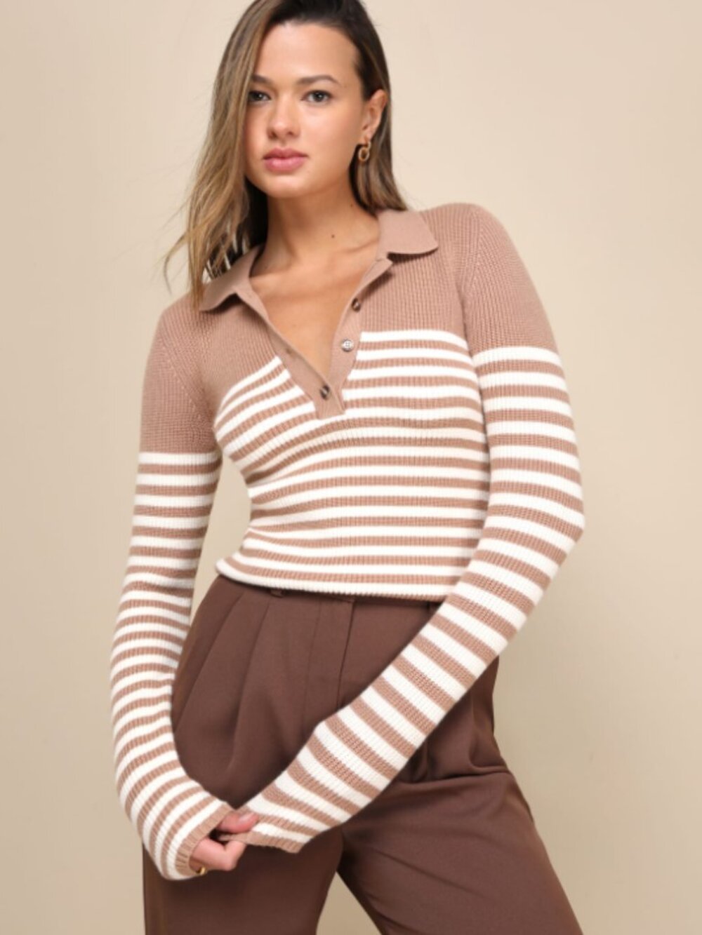 Lulus Stylish Direction Brown Striped Collared Long Sleeve Sweater XL